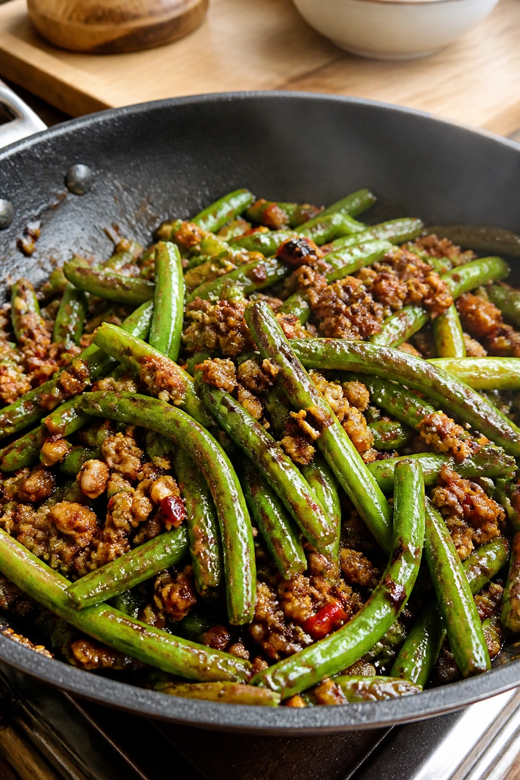 Close-up of Sichuan-Style Green Beans with Ground Pork in a skillet