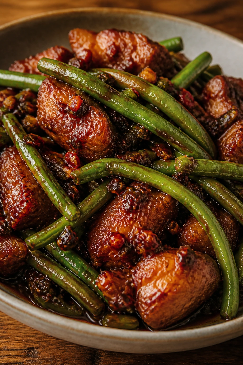 Close-up of Sichuan pork with green beans in glossy sauce