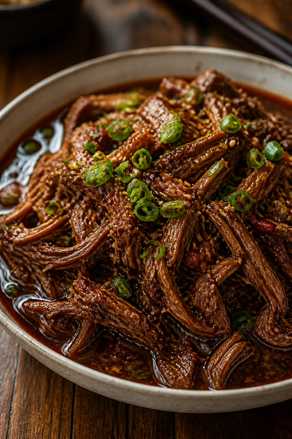Close-up of Sichuan shredded beef in spicy braise