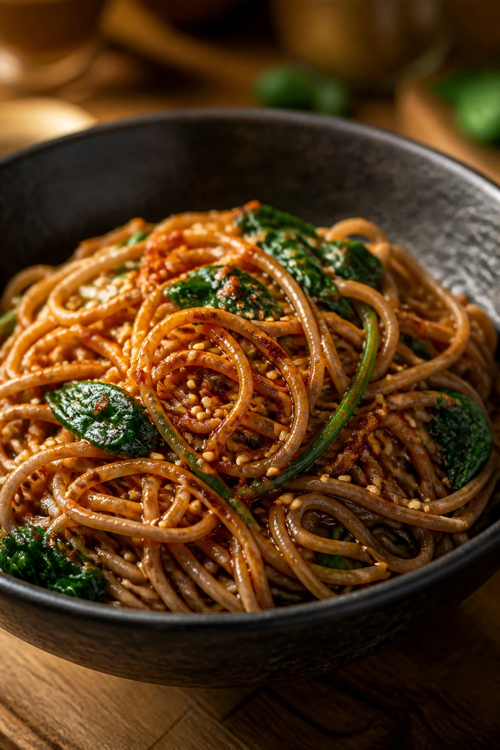 Soba noodles with chili oil and spinach in a dark bowl
