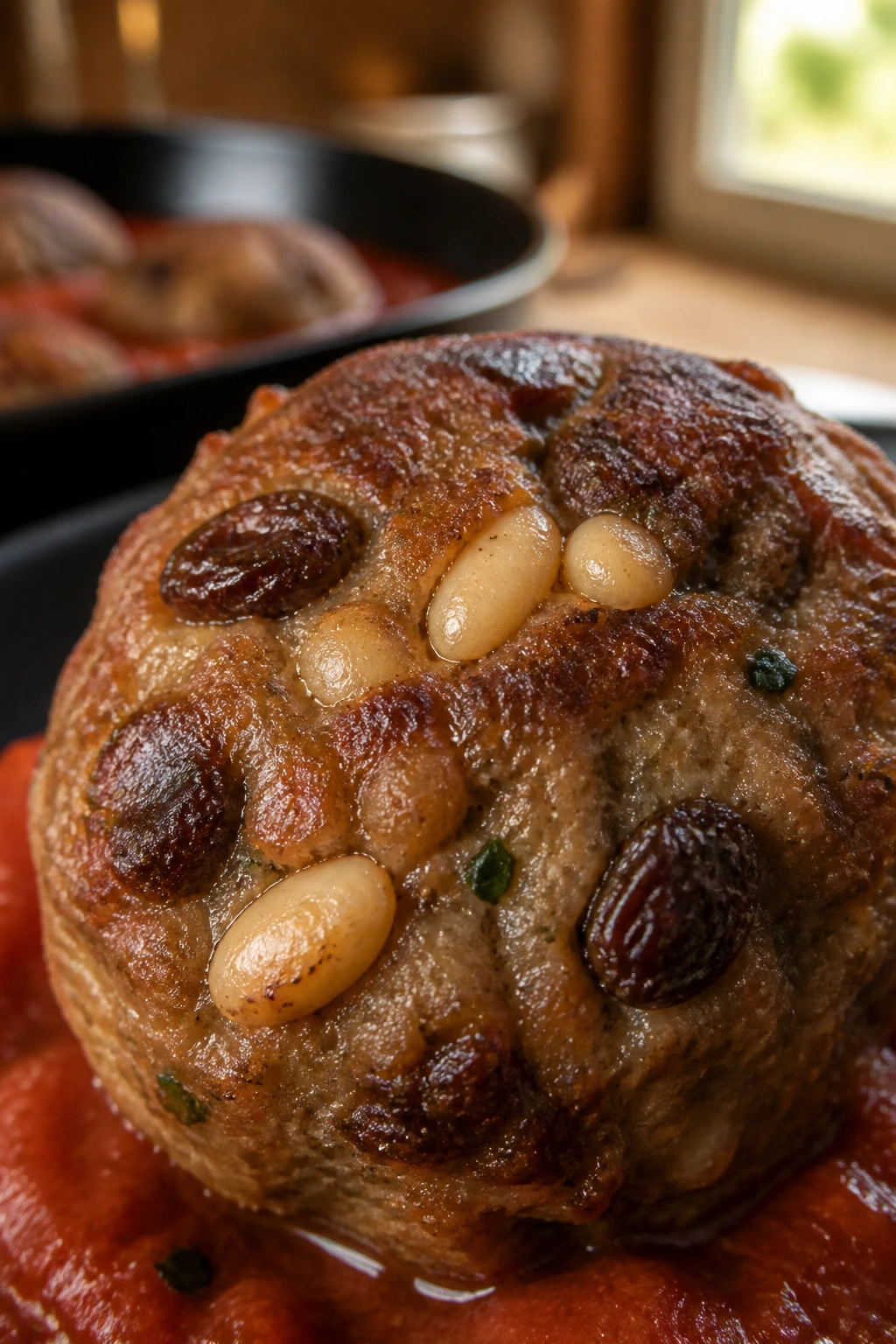 Close-up of Sicilian-style meatball with raisins and pine nuts browning in a skillet