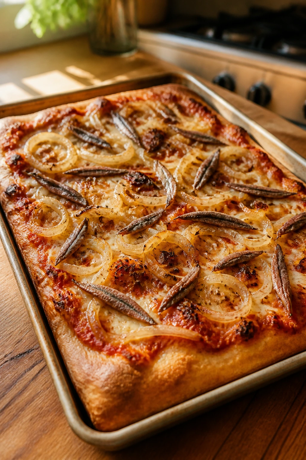 Close-up of Sicilian onion and anchovy pizza on a sheet pan