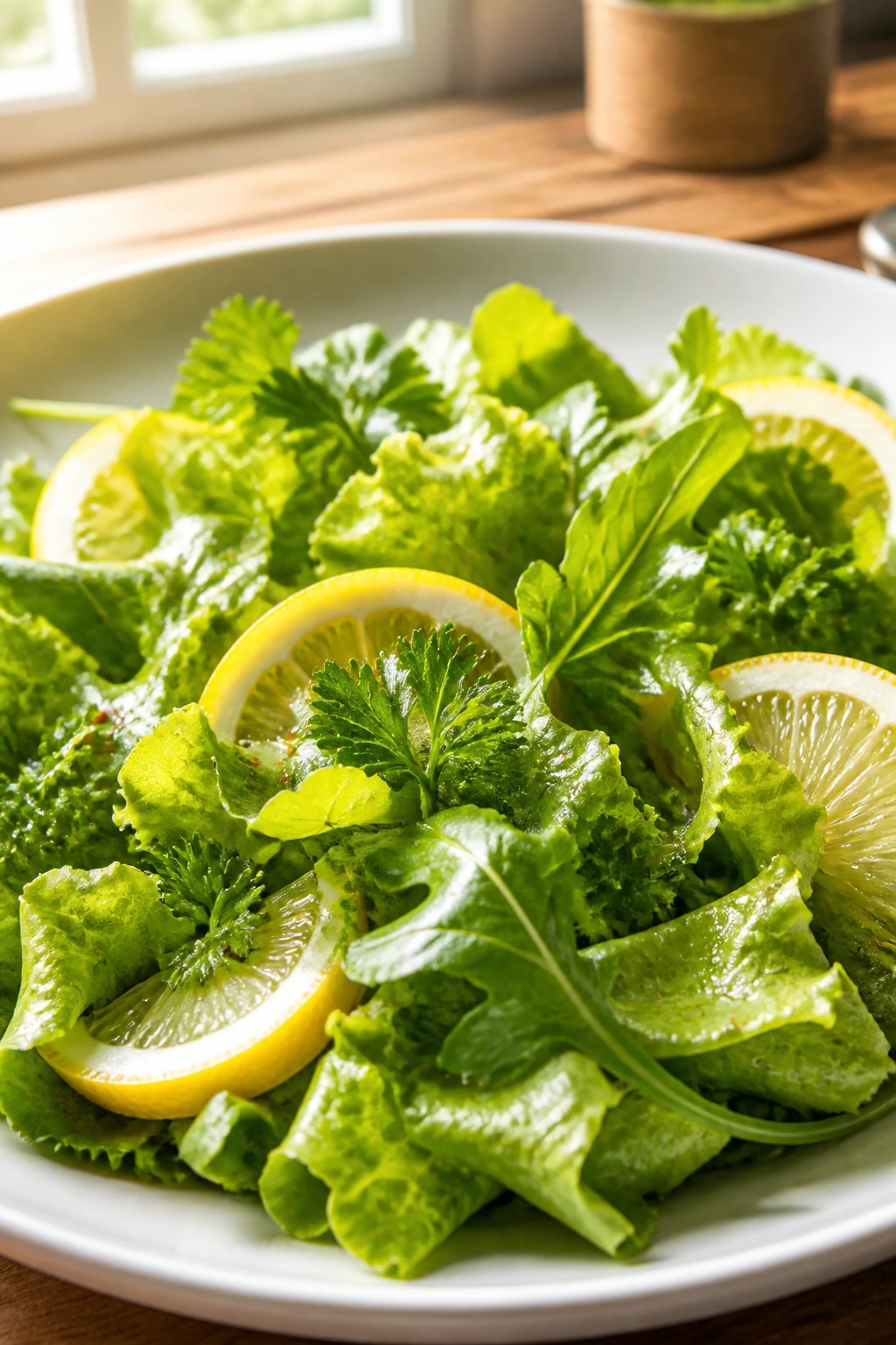 Close-up of a vibrant lemony green salad on a plate, ready to serve as a side for tetrazzini