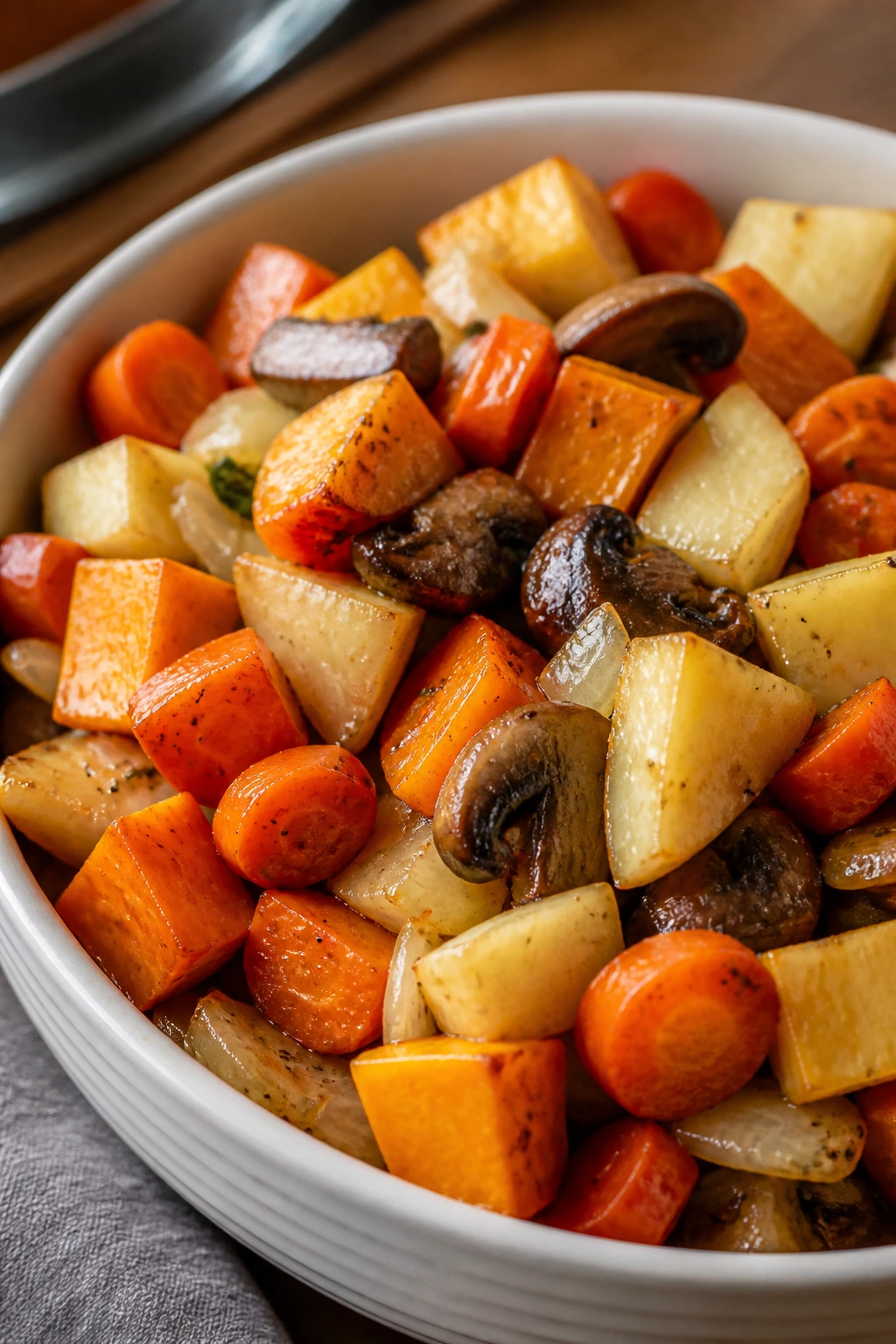Glossy bowl of mixed slow cooker vegetables filling the frame in a warm kitchen setting.