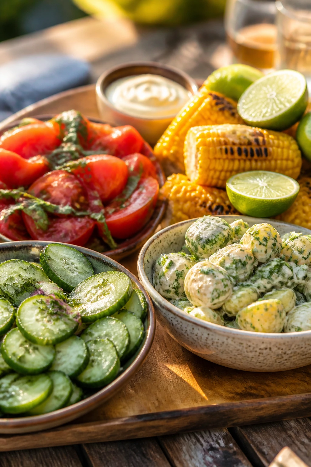 Plate of cucumber salad, tomato wedges, corn, and herb potato salad on a wooden board