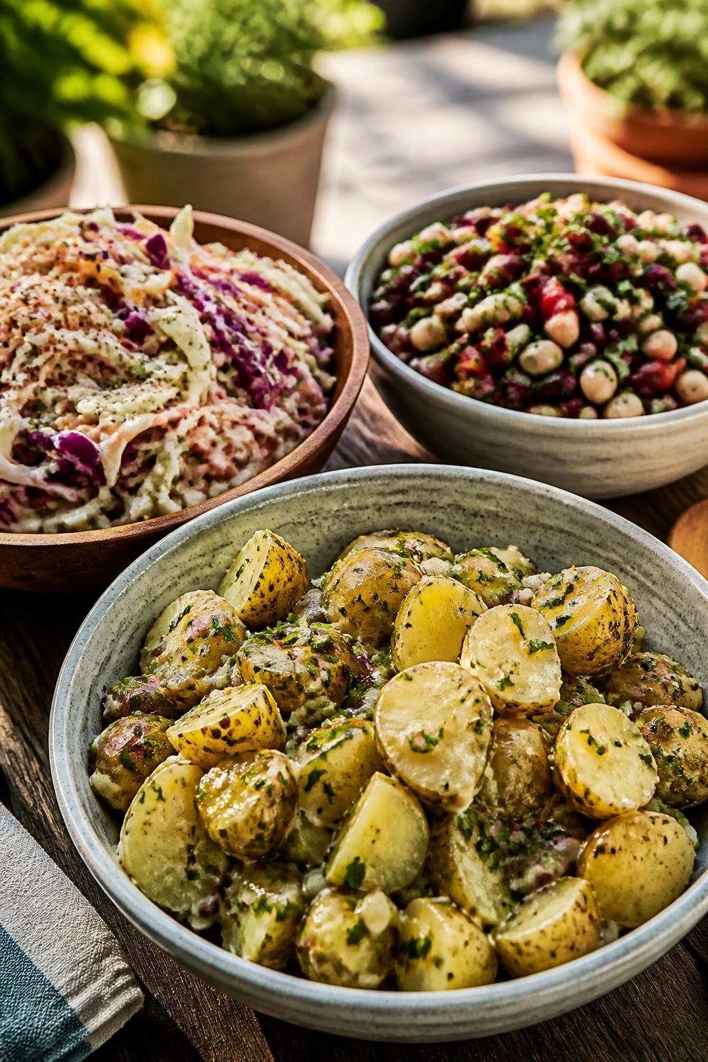 Colorful bowls of potato salad, slaw, and bean salad on a wooden table outdoors
