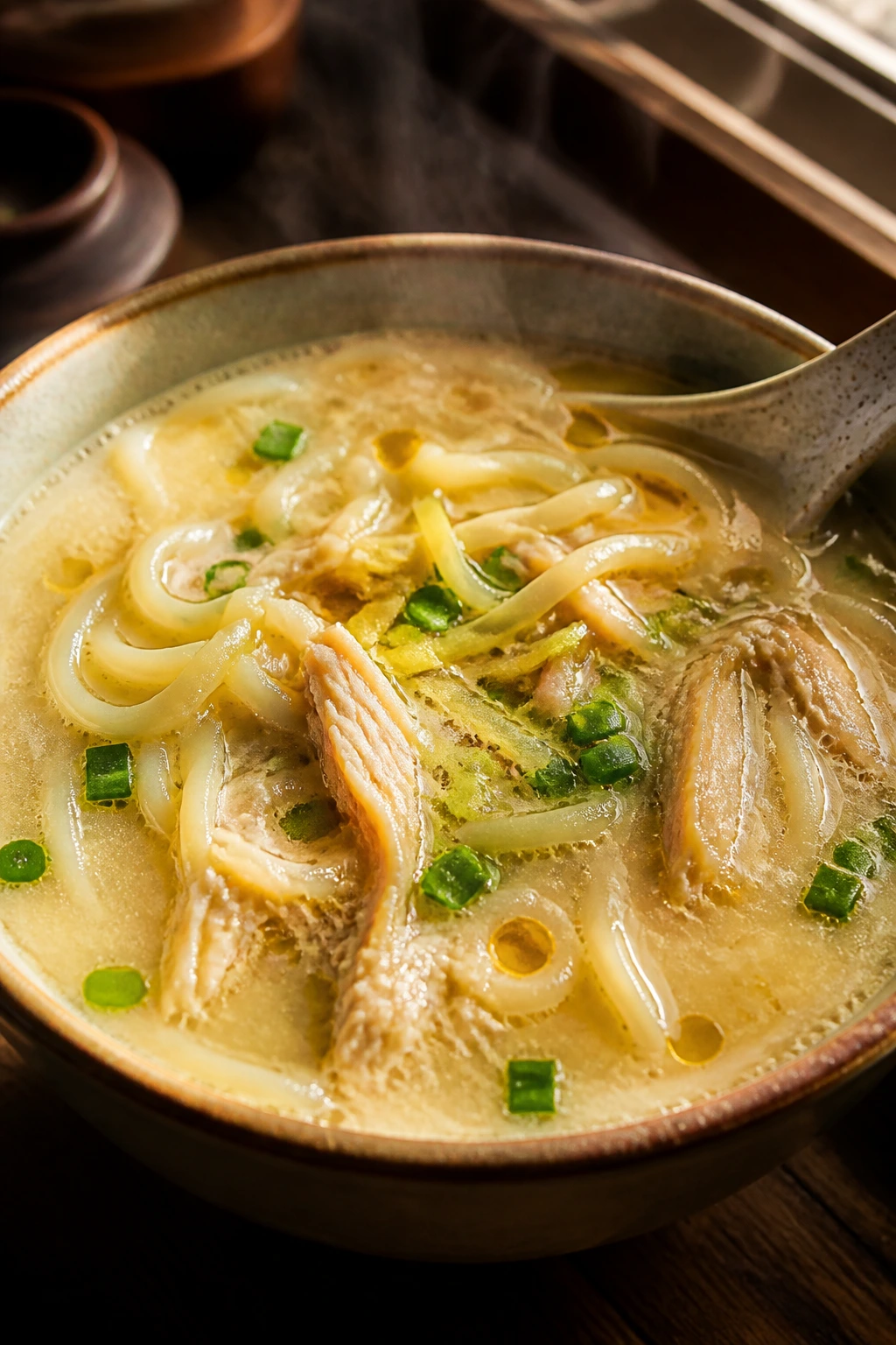 Close-up of a steaming bowl of silky chicken noodle soup in a cozy kitchen.
