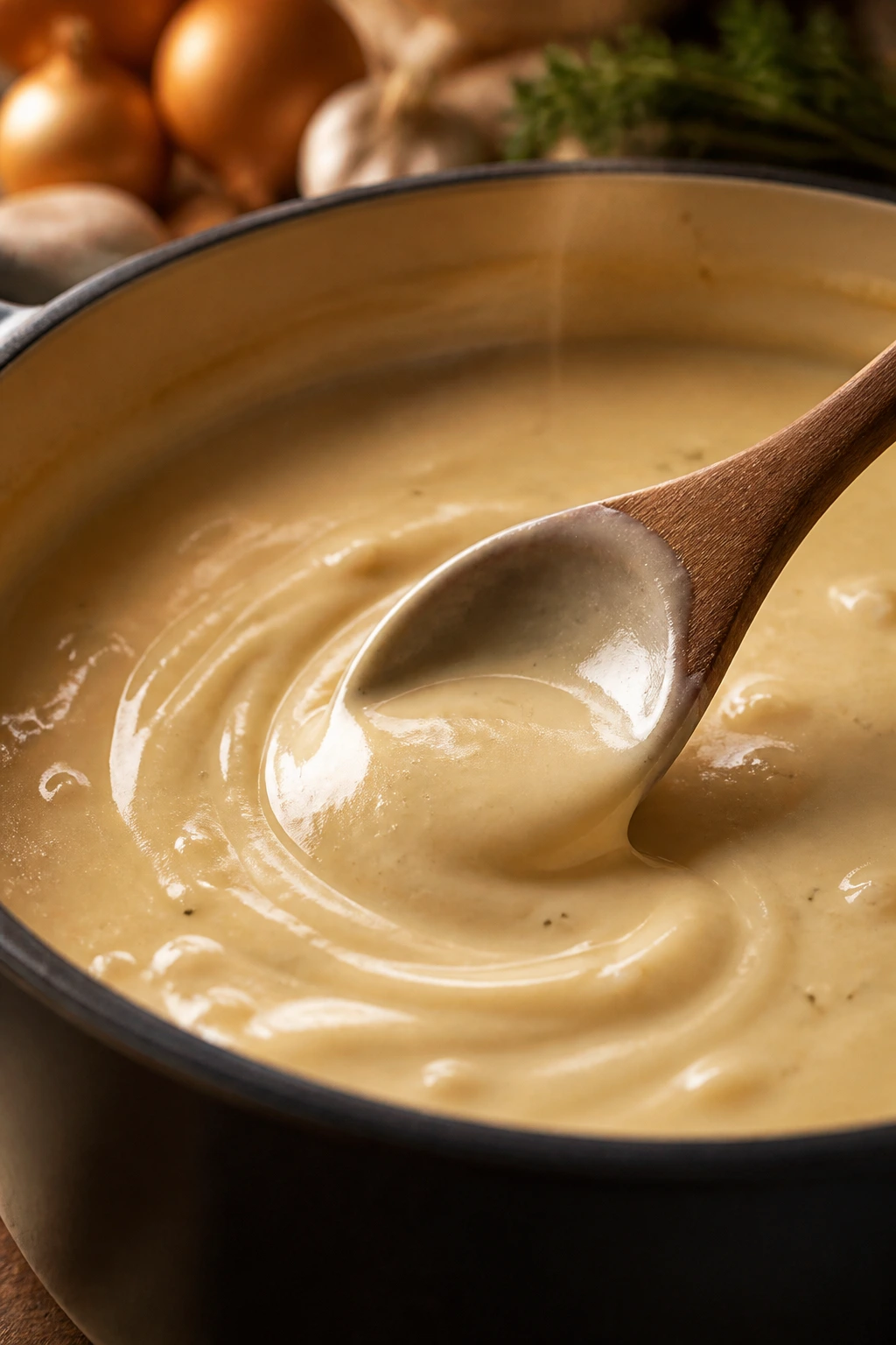 Close-up of silky creamy sauce coating a spoon in a simmering pot