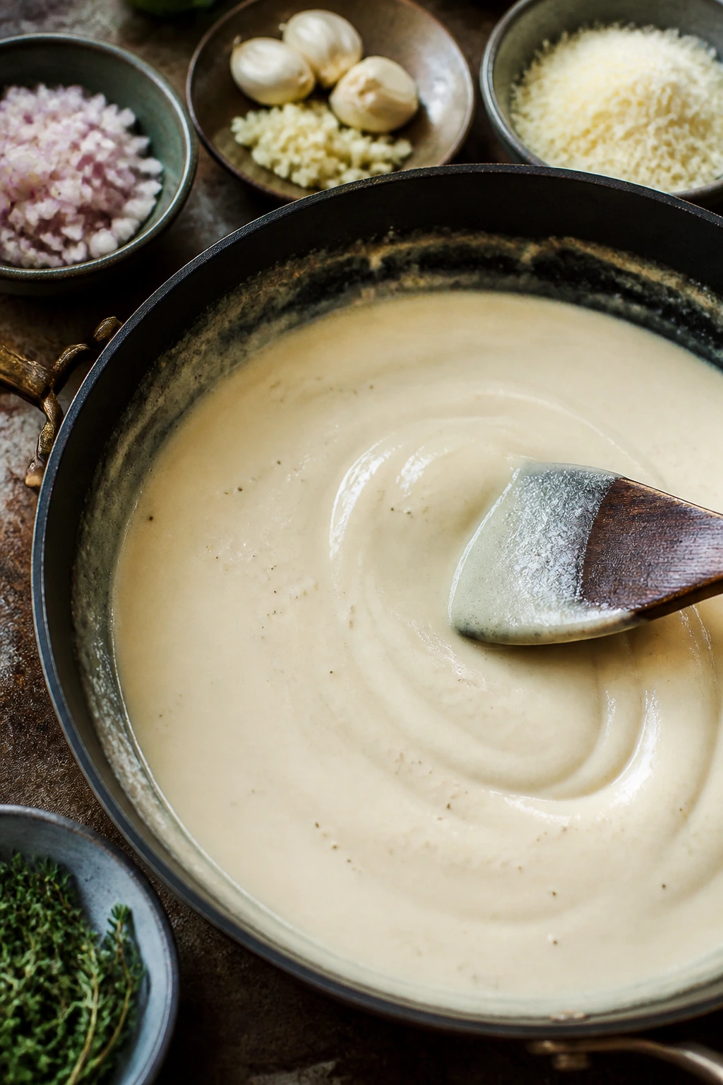 Skillet with silky sauce and surrounding ingredients bowls