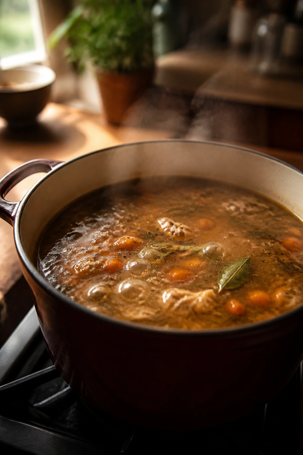 Close-up of a simmering pot with small bubbles on a stove in a cozy kitchen