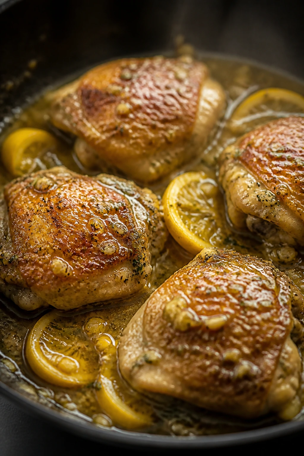 Chicken thighs simmering in pan with reduced glossy sauce