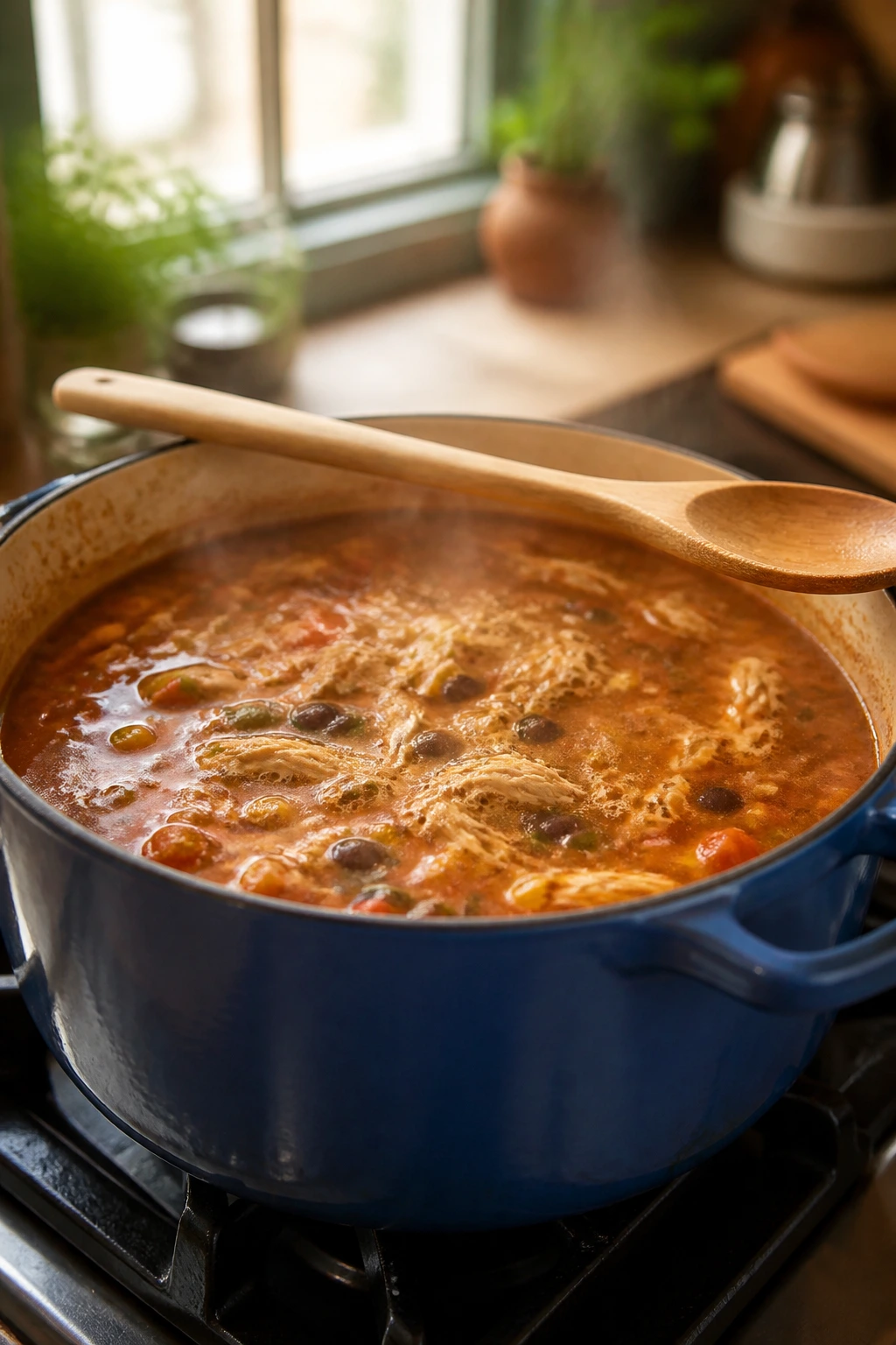 Close-up of a simmering pot of soup on the stove.