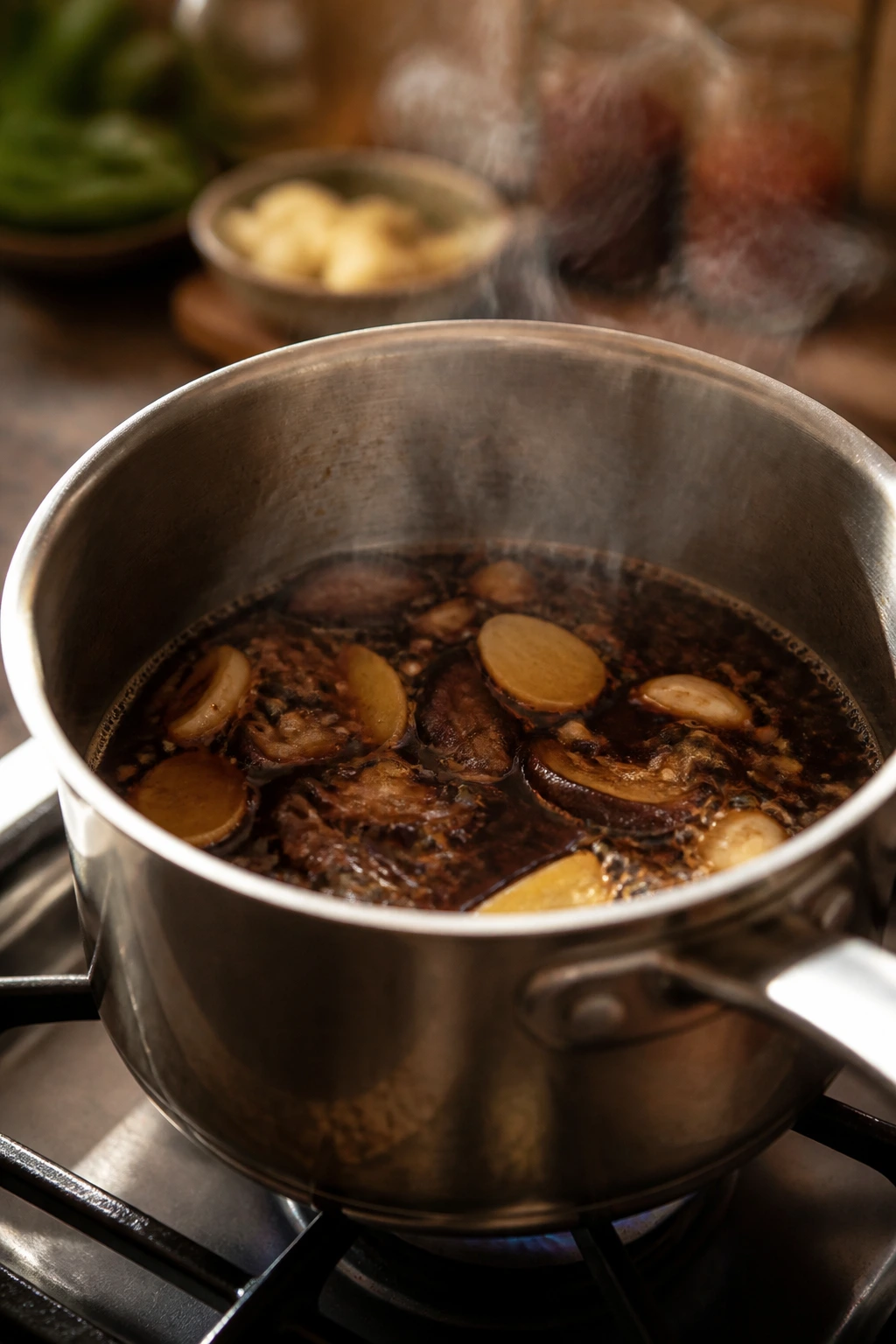 Sauce simmering in a saucepan with steam rising