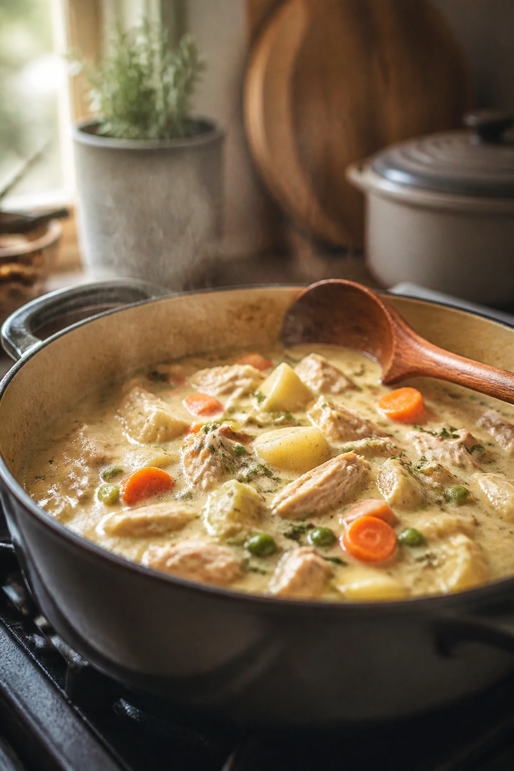 Pot with thickened sauce and steam rising in a warm kitchen