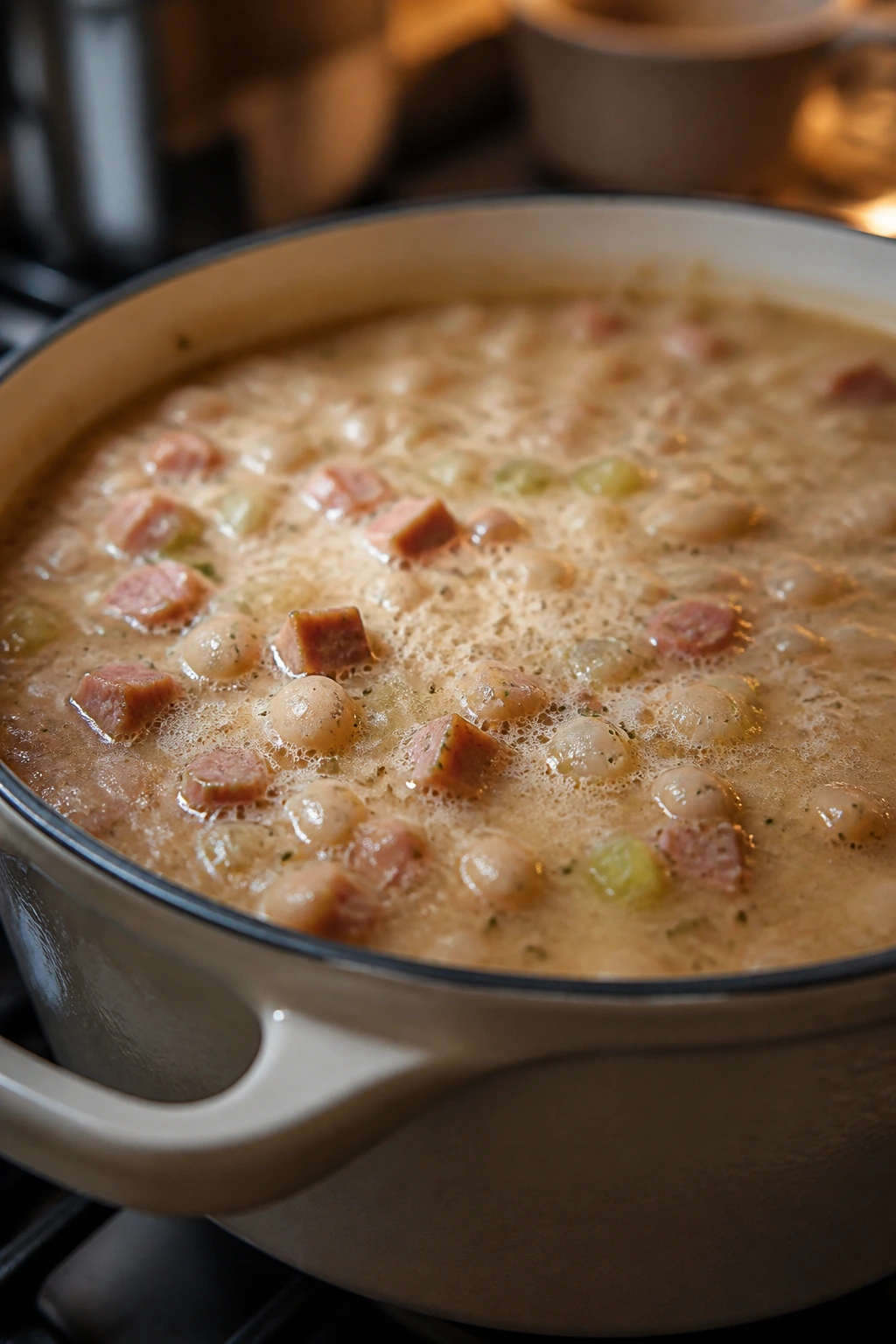 Close-up of simmering ham and bean soup showing creamy surface and bubbles