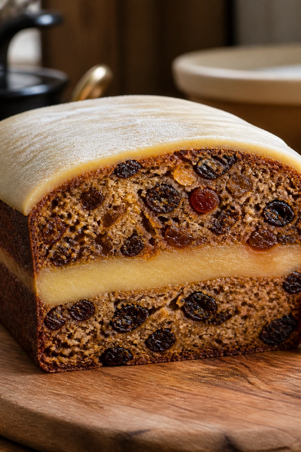 Simnel cake with marzipan layer and moist crumb