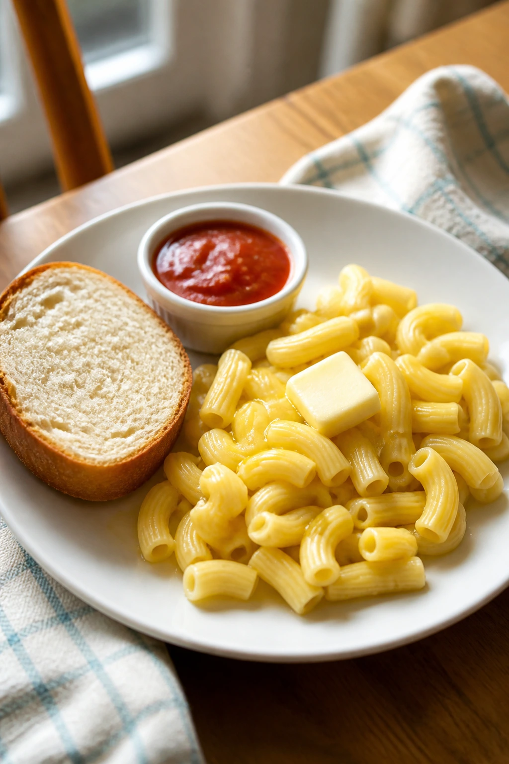 Simple plate of pasta with bread showing comforting home cooking