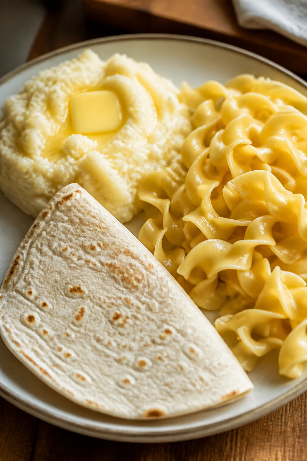 Close-up plate of simple familiar foods on a wooden table