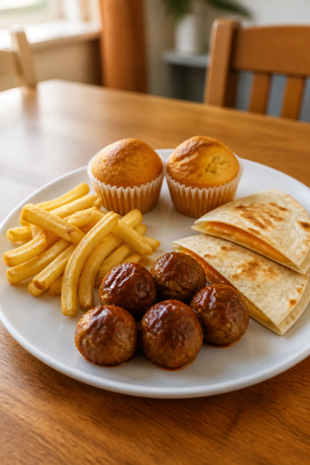 Plate with familiar shapes like meatballs fries quesadilla muffins arranged in sections on a dining table
