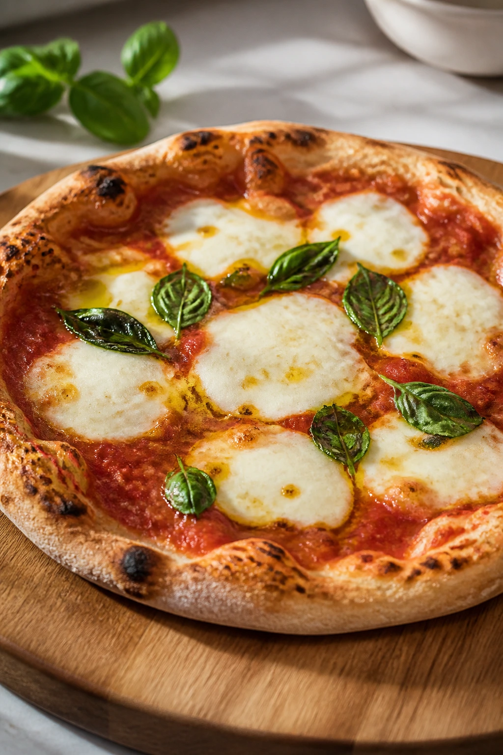 Minimalist margherita-style pizza on wooden board