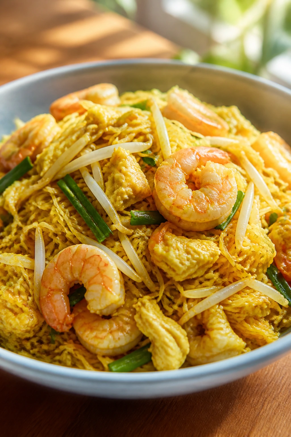Close-up Singapore Curry Noodles in a bowl