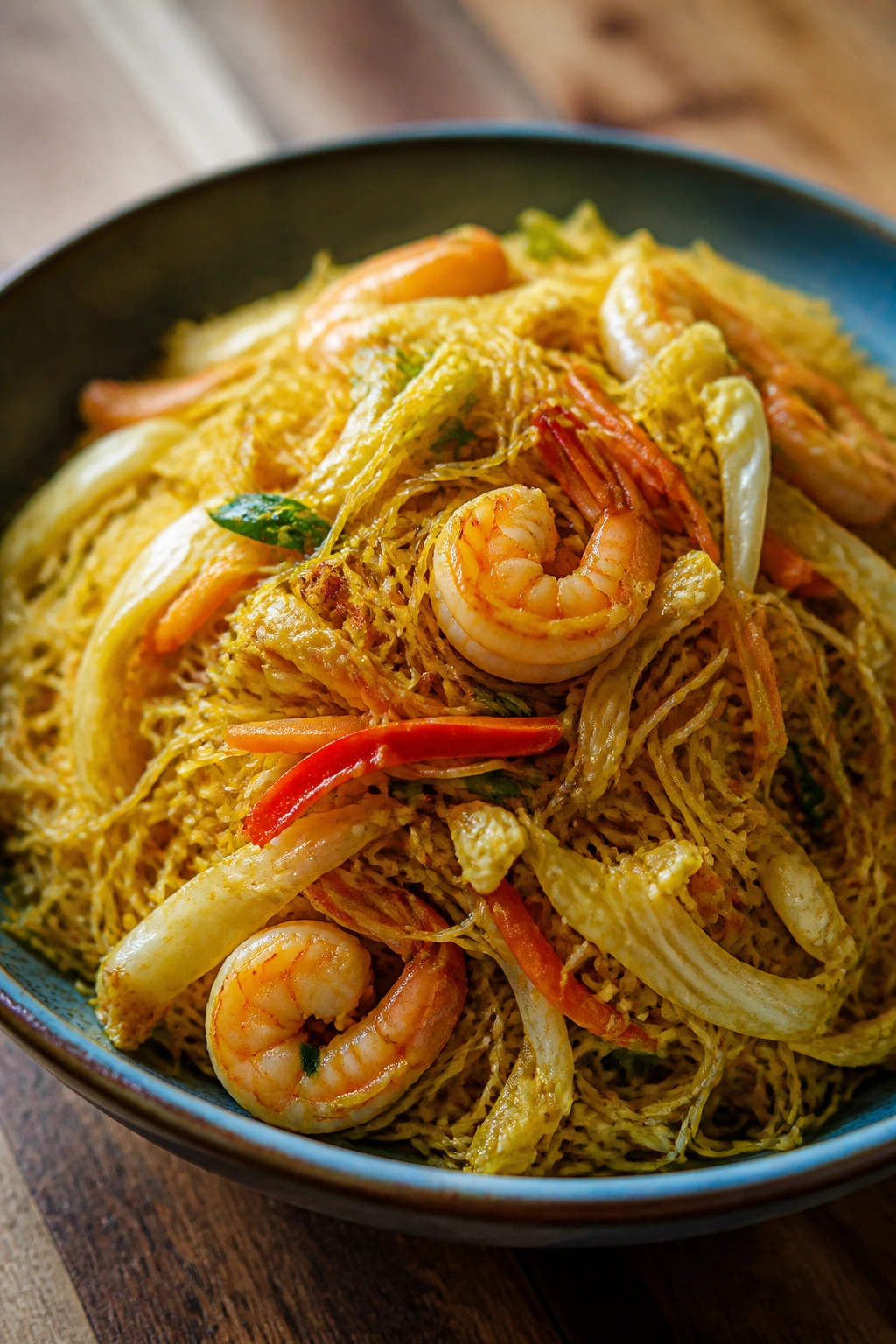 Close-up of Singapore Rice Noodles in a ceramic bowl on a wooden counter