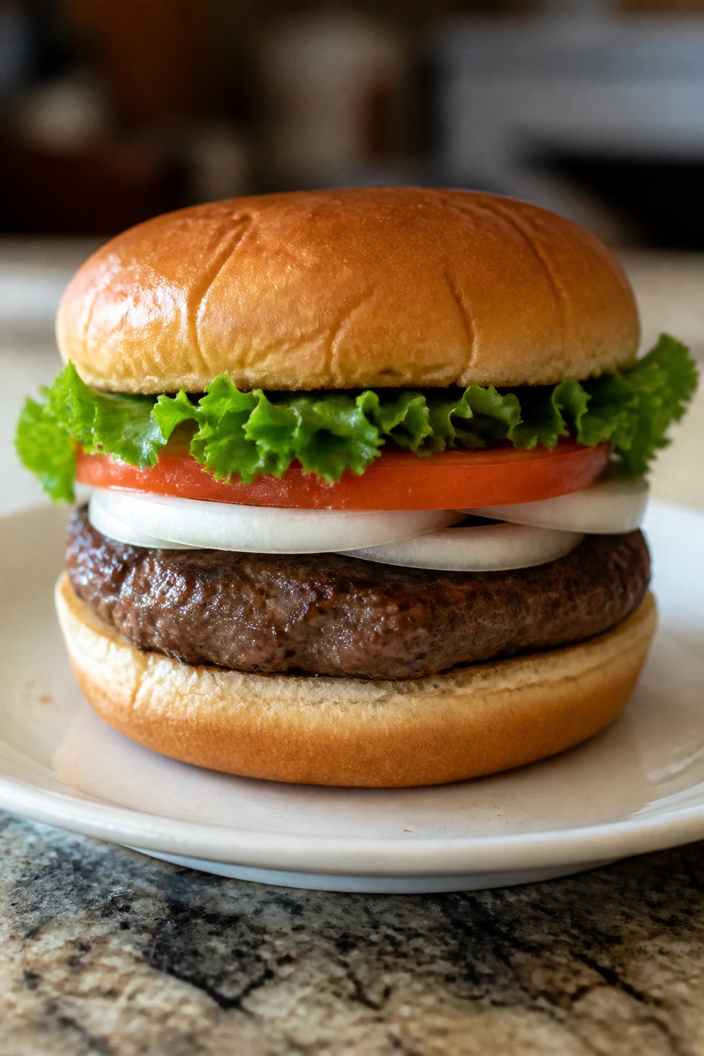 Close-up of a single-patty hamburger with vegetables on a plain bun
