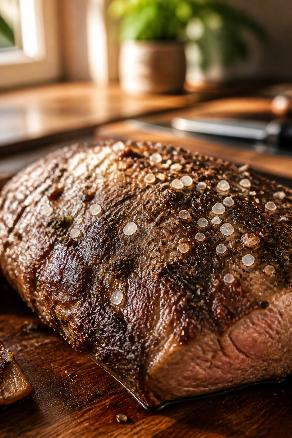 Close-up of salted beef sirloin crust in warm kitchen lighting