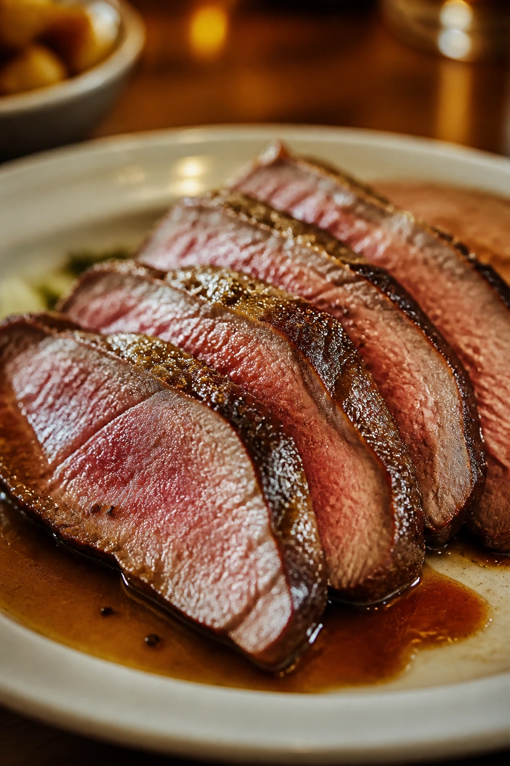 Sliced beef sirloin on plate showing tender juiciness
