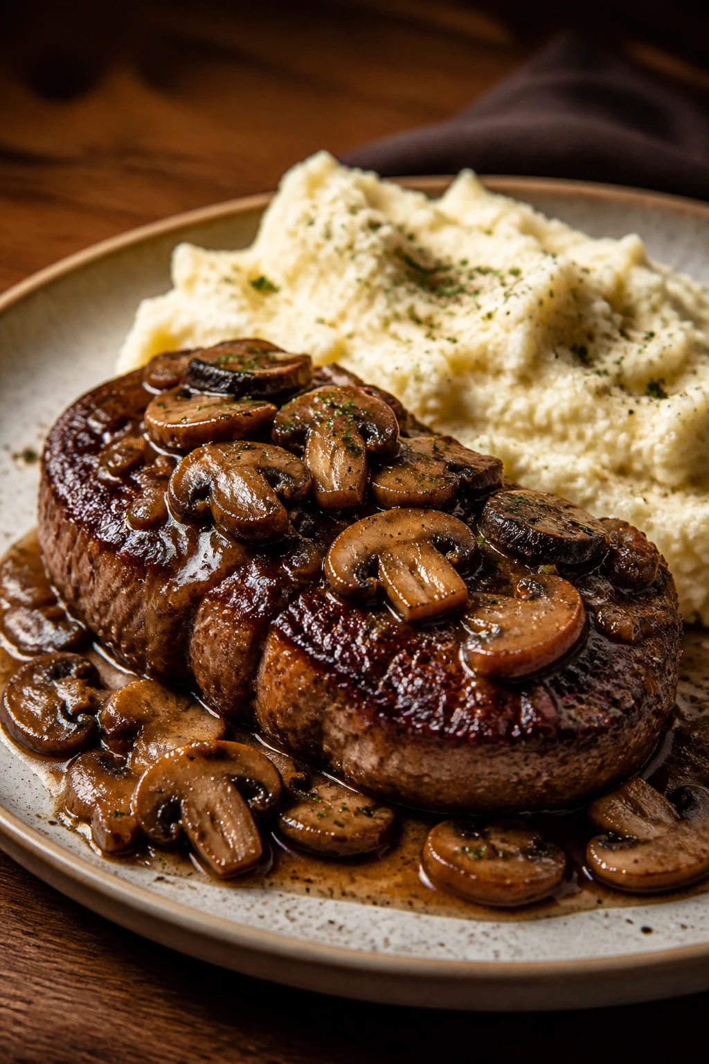 Sliced sirloin with mushroom pan sauce and cauliflower mash