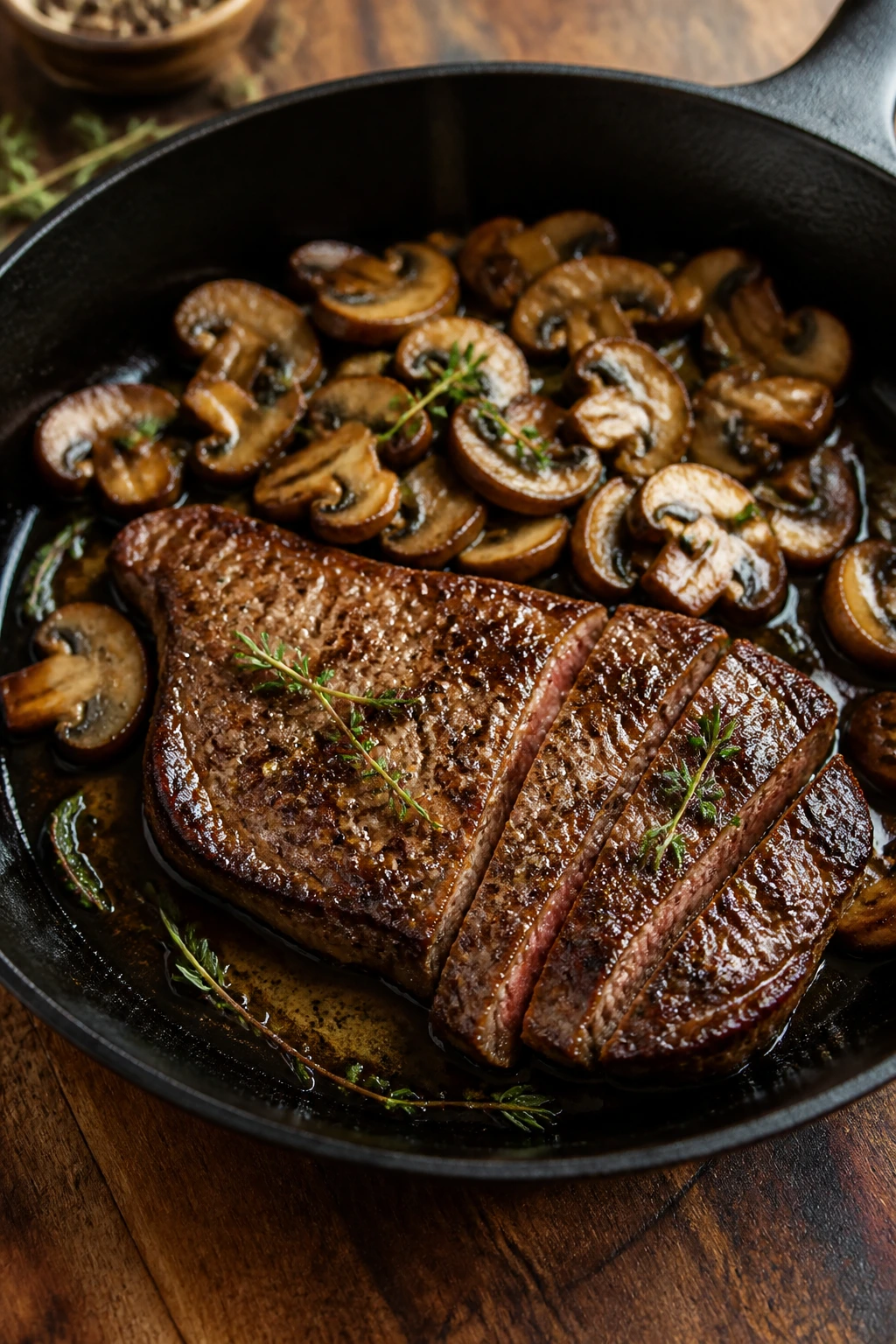 Seared sirloin with mushrooms in a skillet