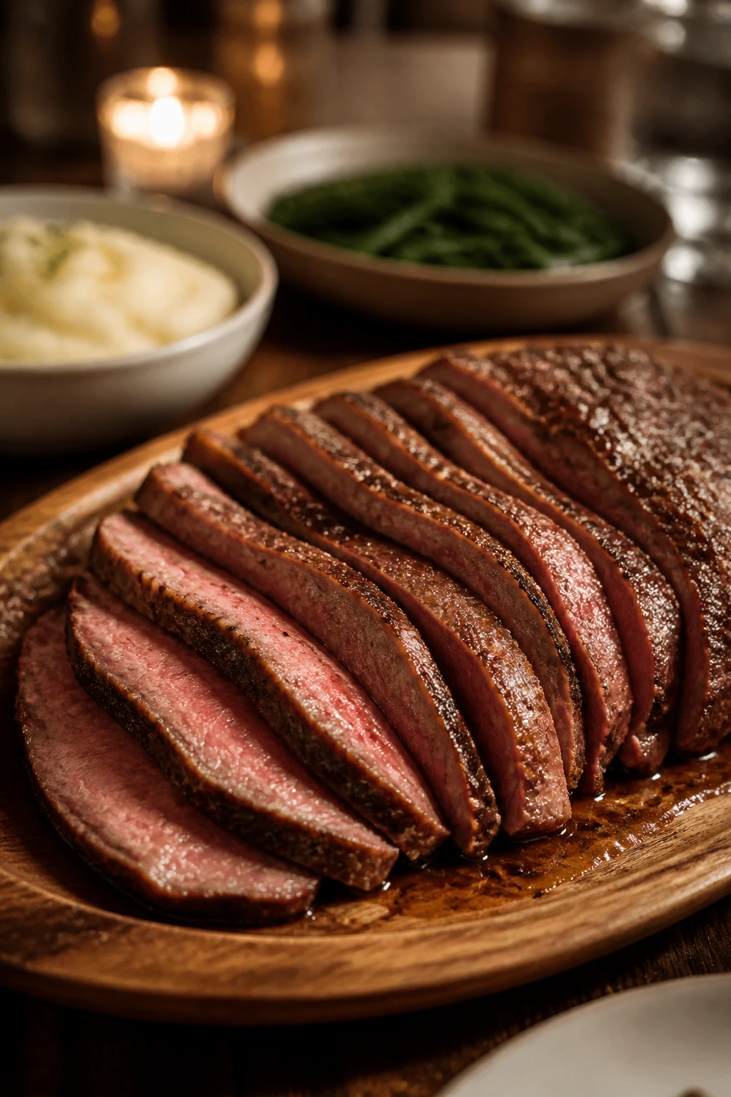 Sliced sirloin roast plated on wooden platter with gravy