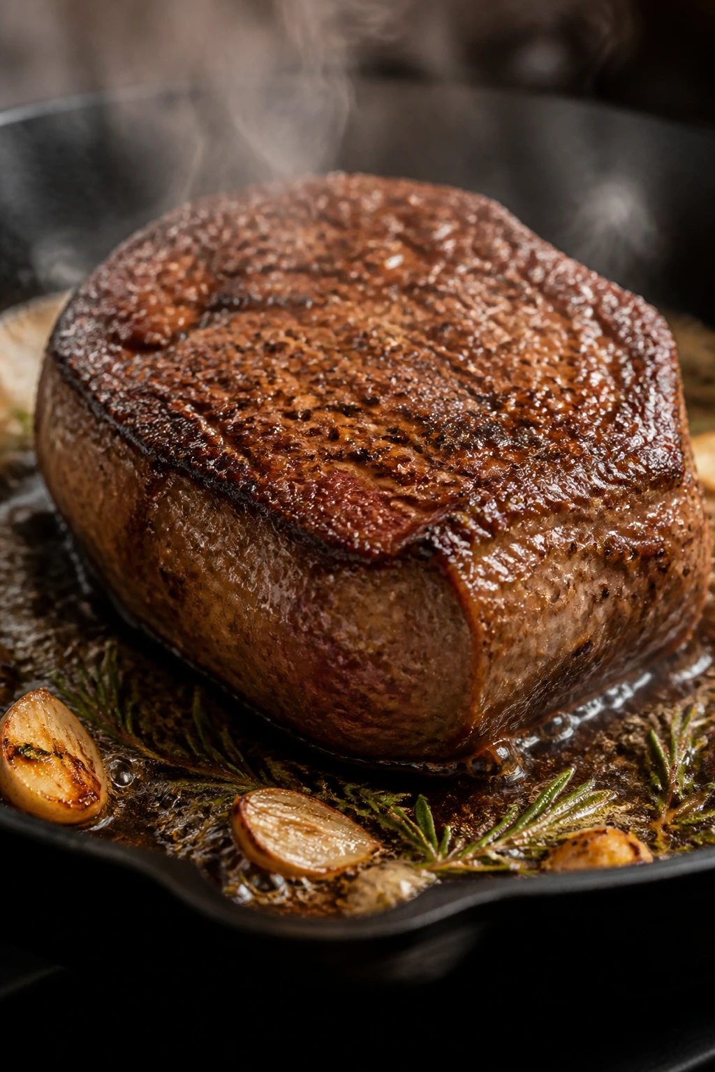 Beef sirloin roast searing in a hot pan with browning crust