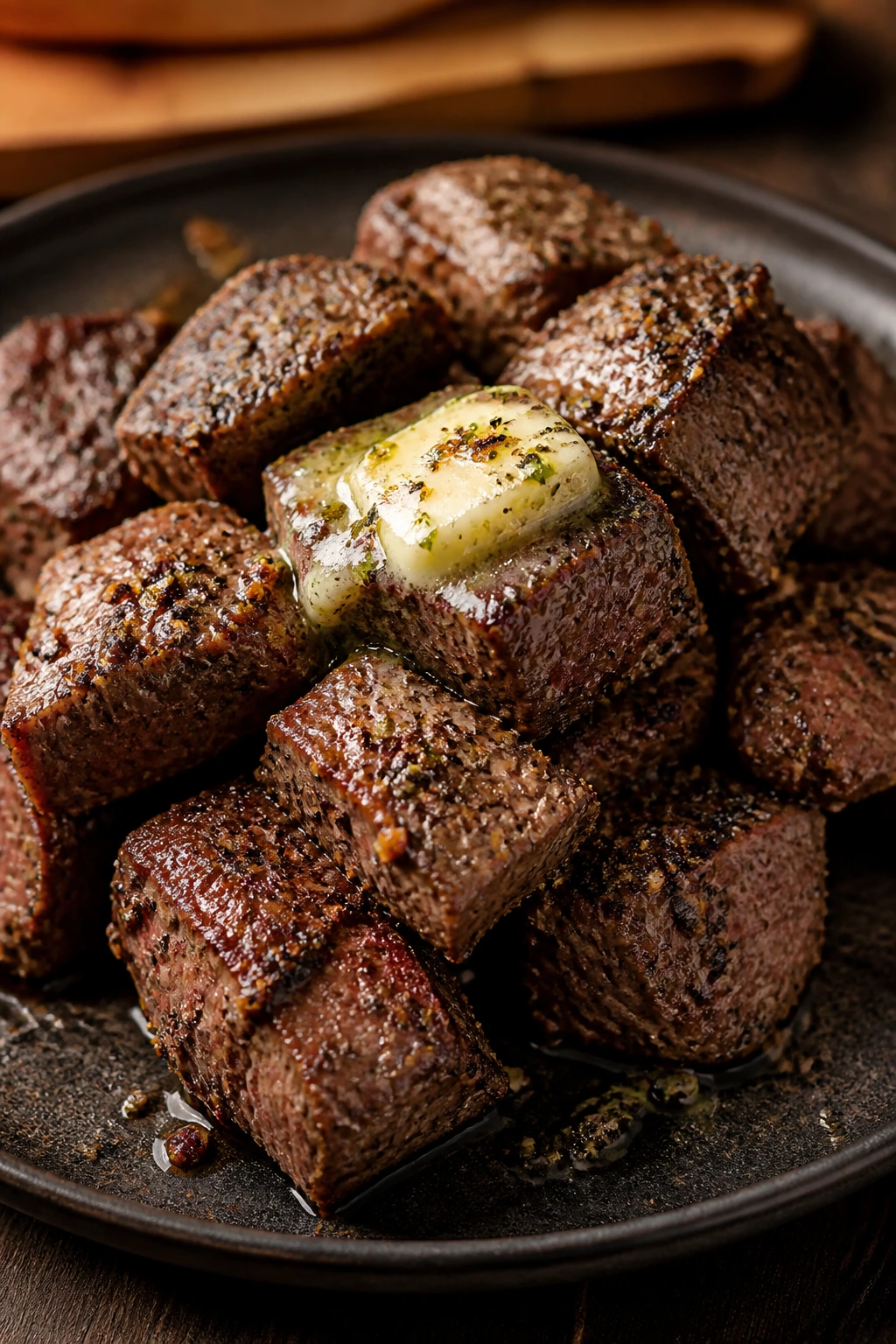 Close-up of pepper-crusted sirloin tips in a pan