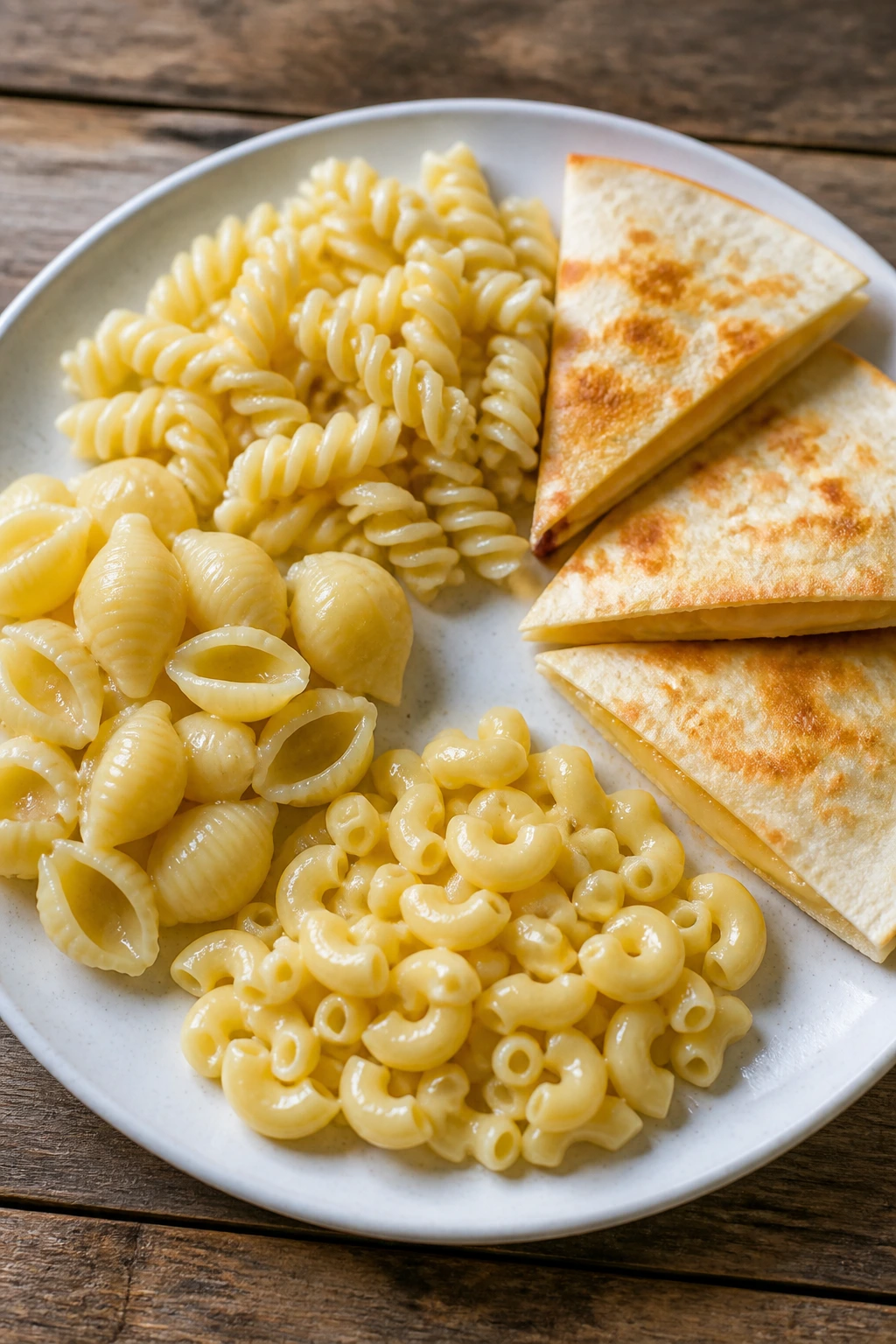 Plate showing six recognizable dinner shapes including pasta and quesadillas