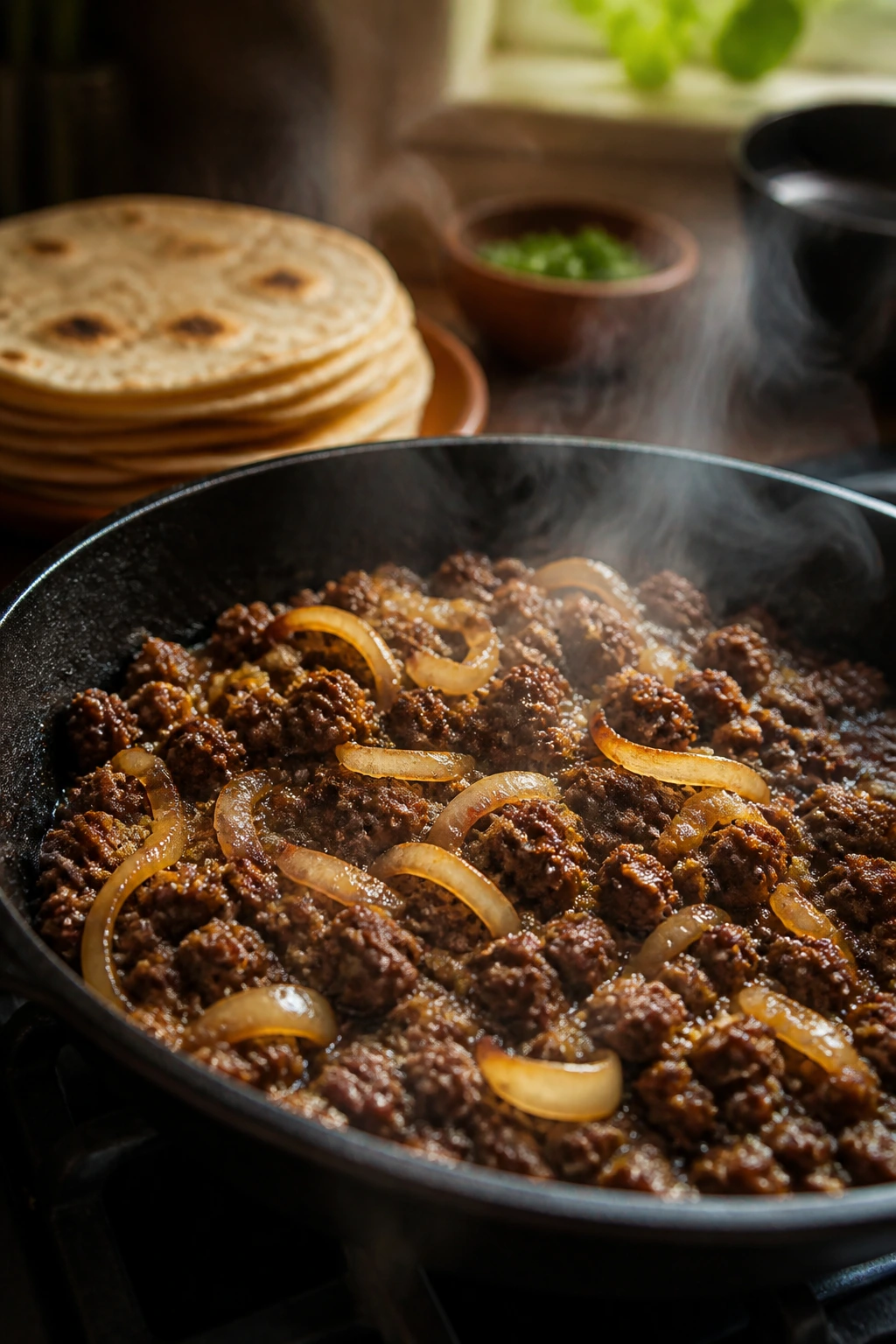 Sizzling beef in a cast-iron skillet with tortillas nearby.