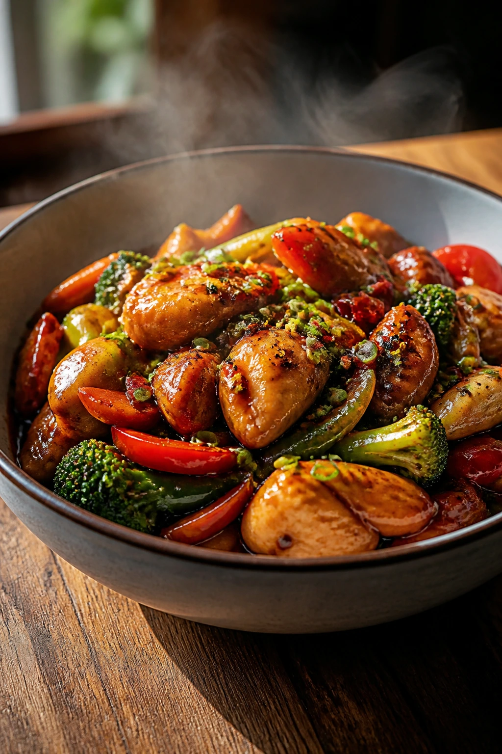 Steaming bowl of spicy stir-fry on wooden table