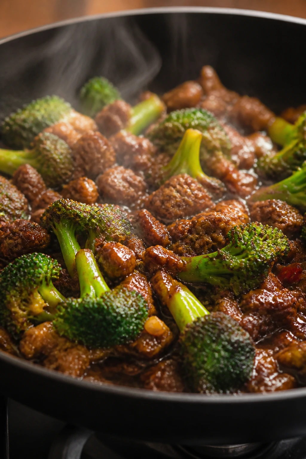 Sizzling beef and broccoli with glossy sauce in skillet