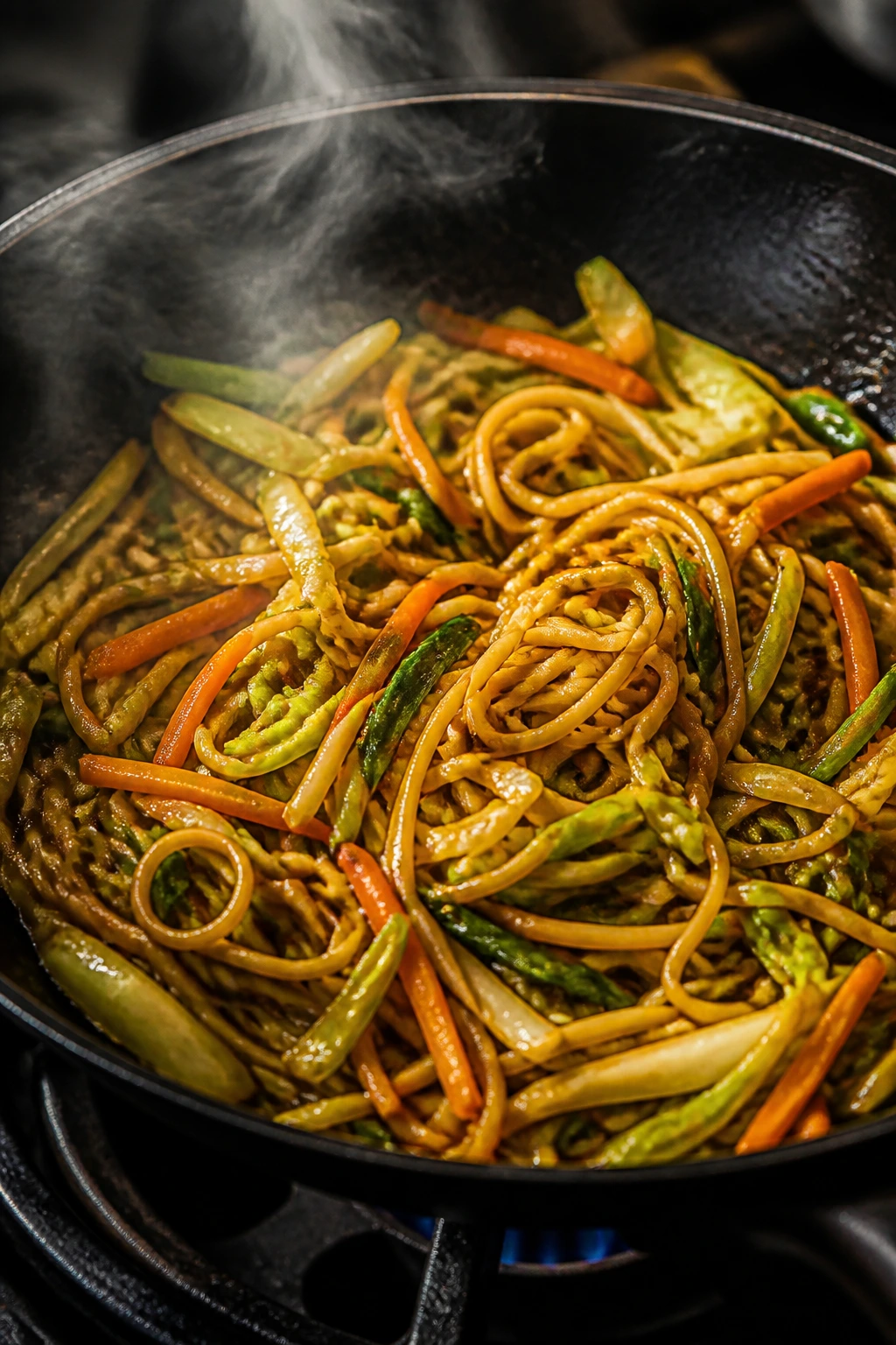 Sizzling wok with glossy chow mein and vegetables