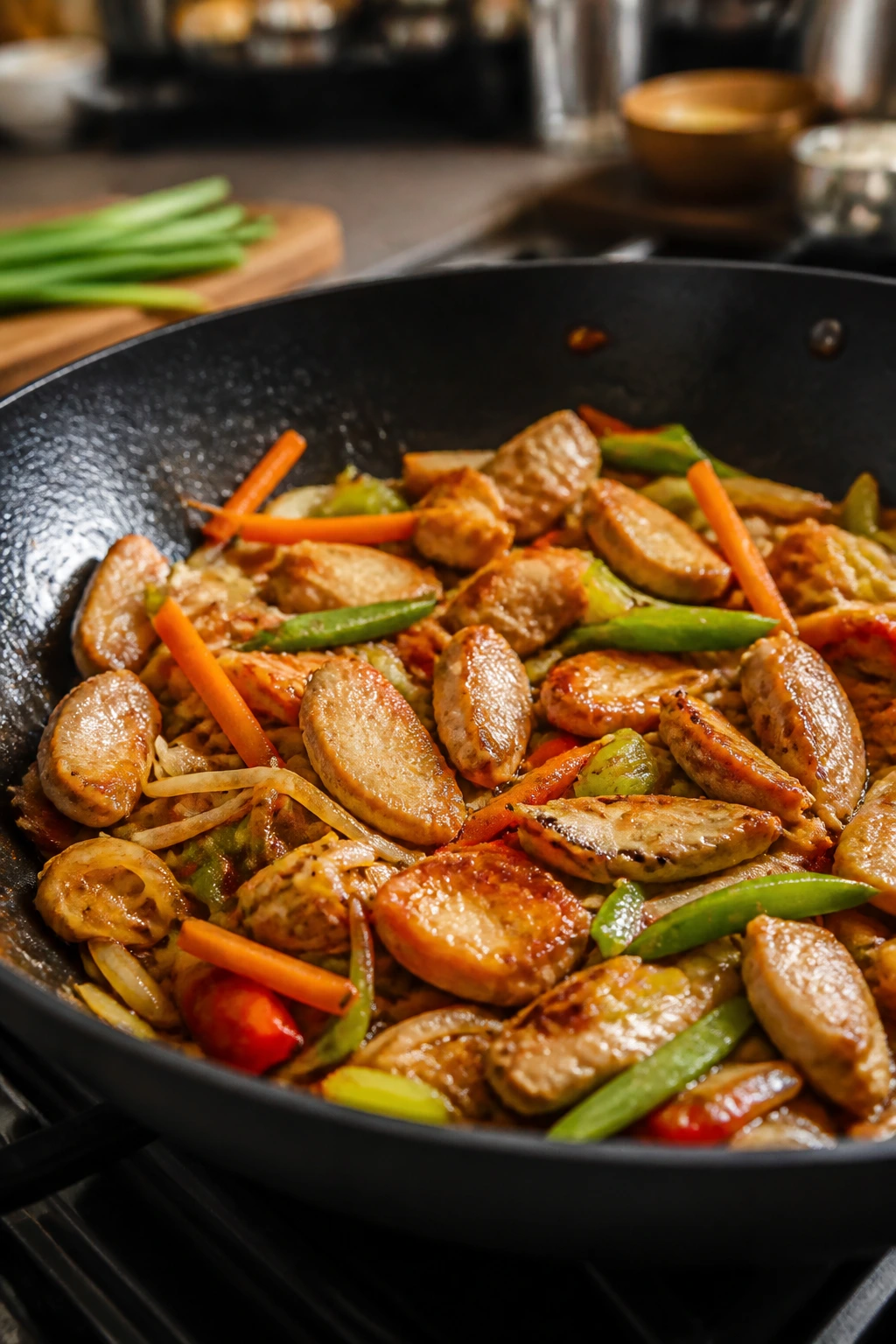Sizzling skillet with chicken, noodles, and vegetables for chow mein