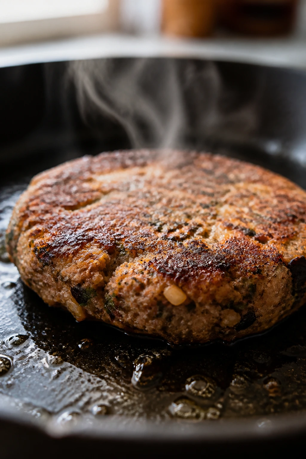 Veggie burger patty browning in skillet with golden crust and steam