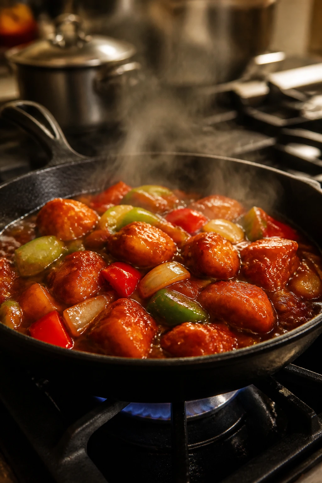 Sizzling skillet with crispy chicken in glossy sauce