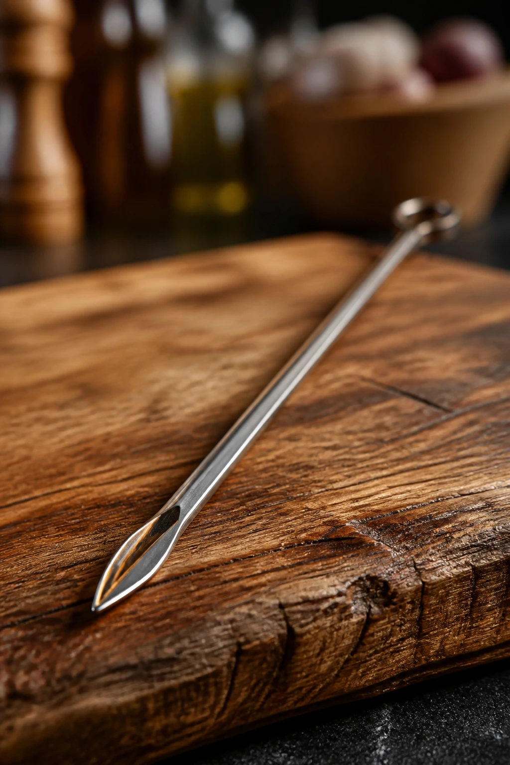 Single metal skewer on wooden board, essential equipment for veggie skewers
