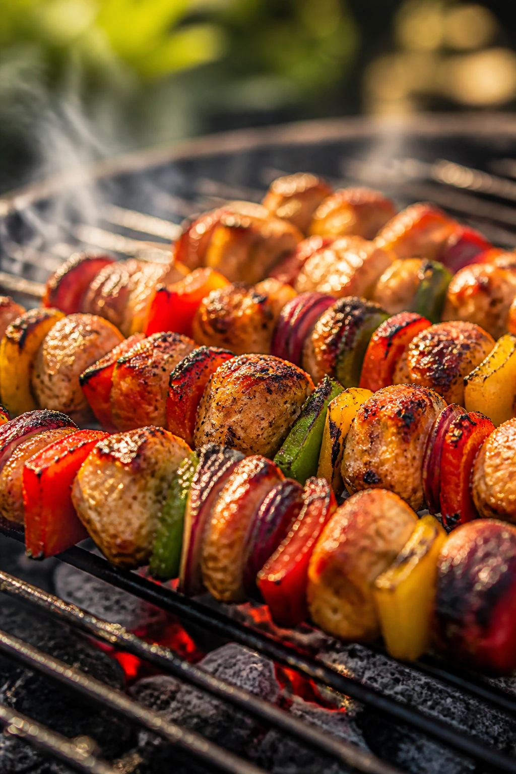Close-up of skewers with chicken and vegetables over a charcoal grill in a backyard