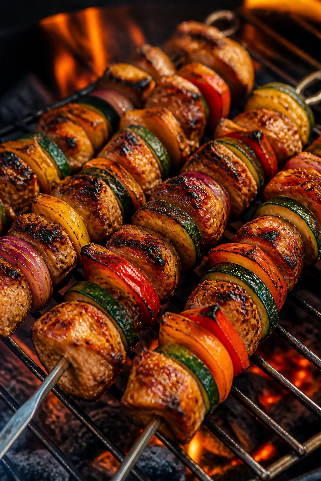 Close-up of skewers on a hot grill with charred meat and vegetables in a backyard barbecue