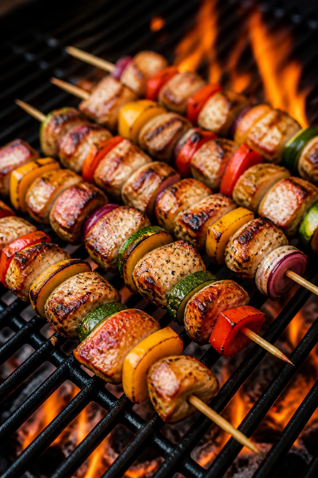 Skewers laid out on a hot grill showing even spacing
