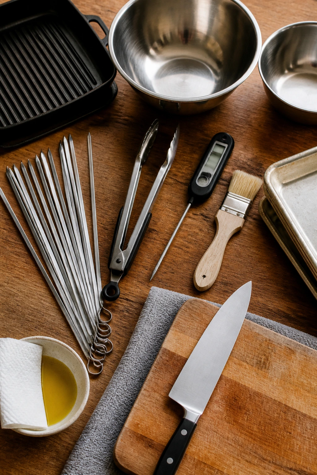 Close-up of essential skewer-grilling equipment laid out on a wooden counter