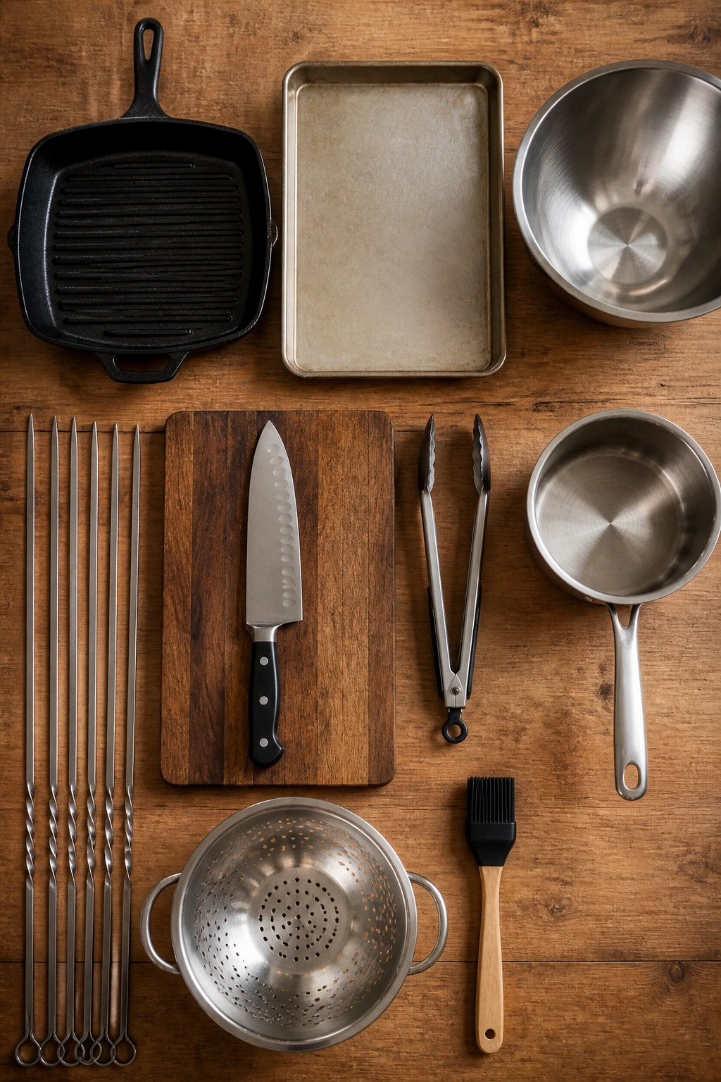 Top-down view of essential kitchen tools for veggie skewers