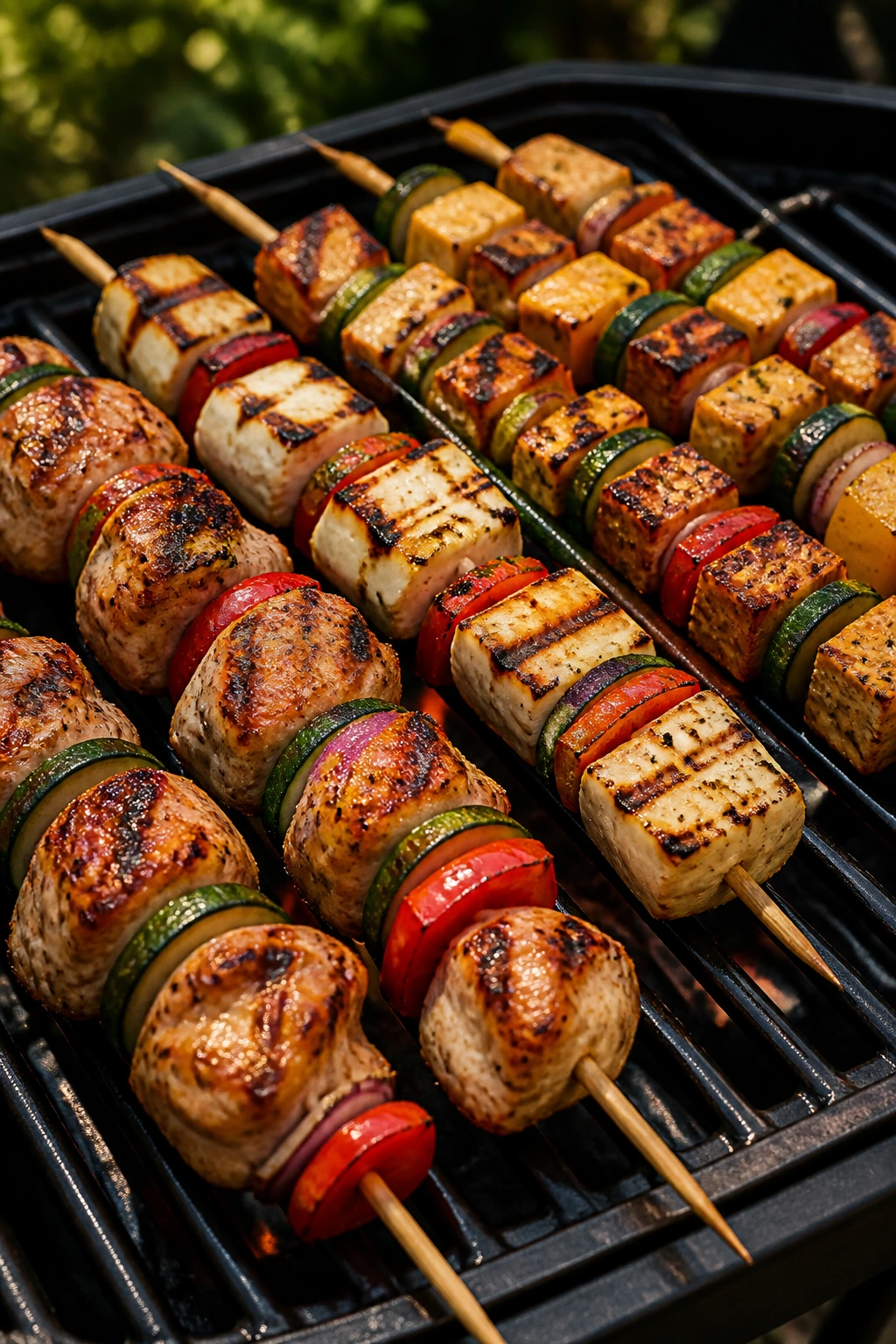 Close-up of diverse skewers on a grill showing different diet options