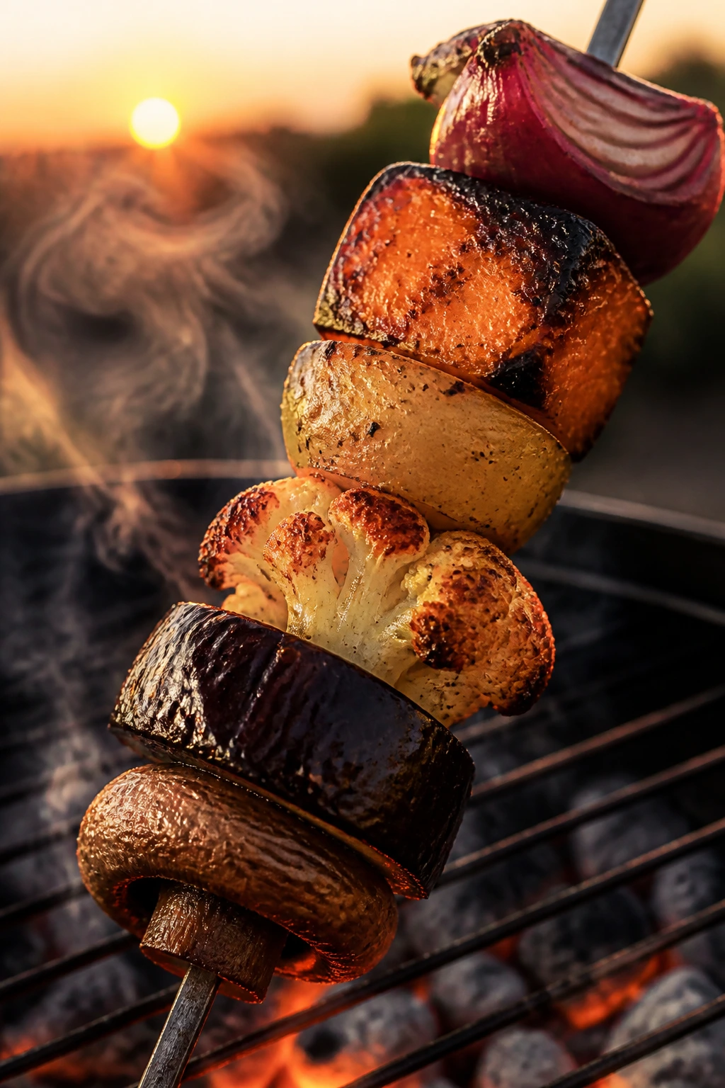 Close-up of a loaded vegetable skewer grilling on a charcoal grill, filling the frame.